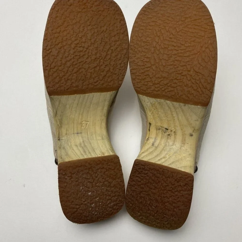 CHANEL Beige Suede Wooden Platform Clogs Size 37